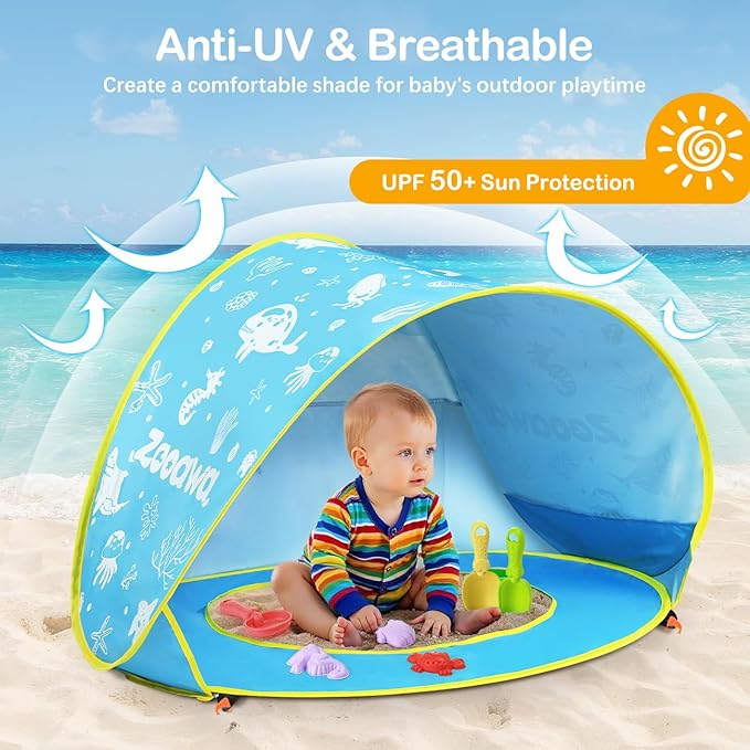 Zooawa Baby Beach Tent Pop Up Beach Tent Sun Shade for Beach Portable Shade Pool UV Protection Sun Shelter for Infant with Beach Sand Toys Set