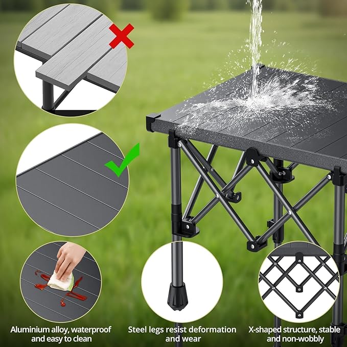 Anbte Folding Camping Table 2 Height Adjustable Small Camping Side Table Aluminum Roll Top with Carry Bag Stable X-Frame for Outdoor Cooking Tailgating Picnic BBQ RV Travel 20”x16” 264lbs Load