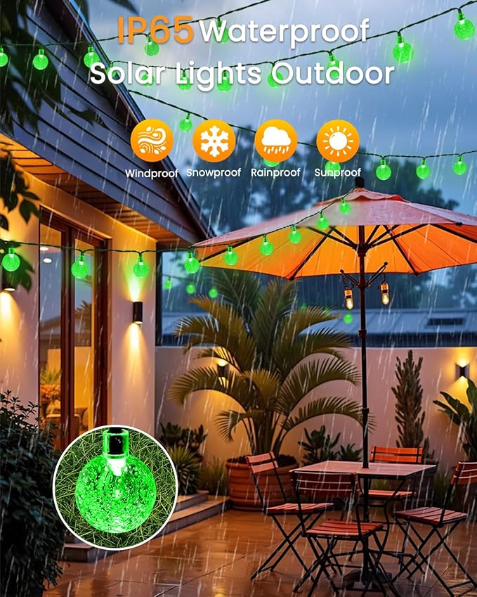 2-Pack 100 LED Green Solar String Lights Outdoor - 64FT Crystal Globe Waterproof Solar Powered Lights for Outside with 8 Lighting Modes for Patio Decorations Garden Party Porch Wedding Yard