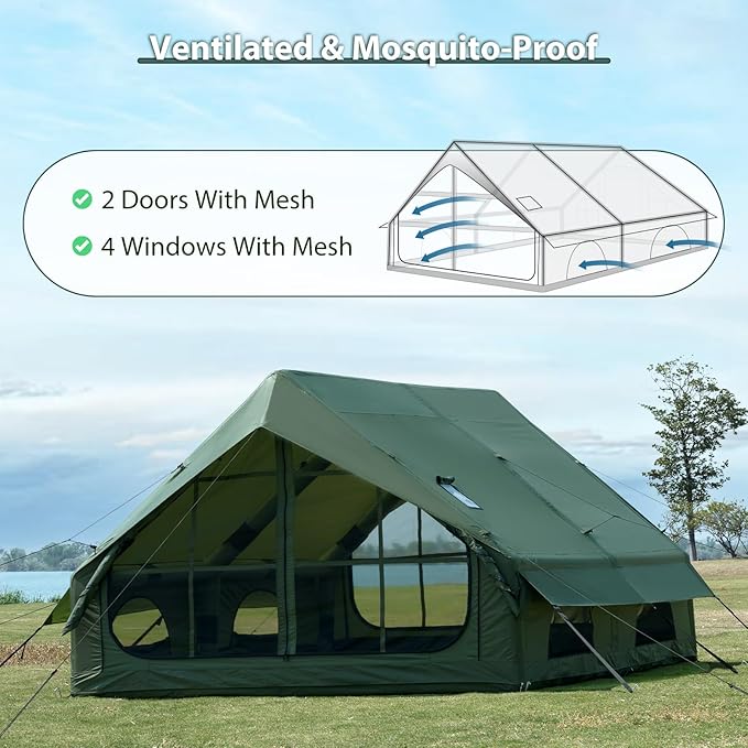 Inflatable Camping Tent with Hand Pump Waterproof Outdoor Blow up Tent Oxford 4 Season Air Tent Cabin House with Mesh Windows &amp Door 12sq/6sq Green