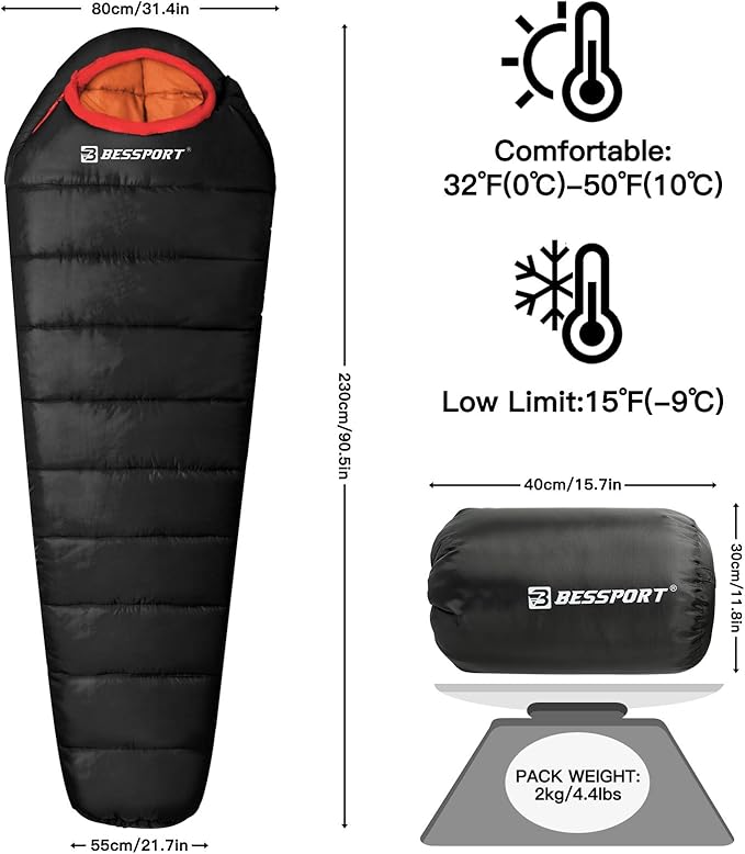 Bessport Mummy Sleeping Bag and Bessport Camping Tent for 3 Person Lightweight Backpacking Tent Waterproof Windproof Two Doors Easy Setup Double Layer Outdoor Tents for 3 to 4 Seasons Suitable for O