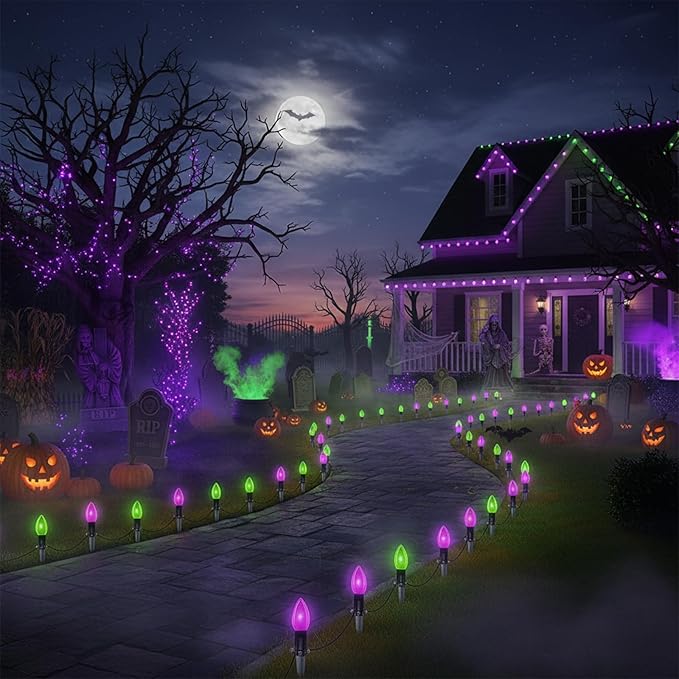 Halloween Stake Lights 10PK C9 LED Pathway Lights with Purple &amp Green Bulbs 19.5ft Outdoor Walkway Lights Waterproof Extendable Yard Driveway Porch &amp Garden Halloween Decorations