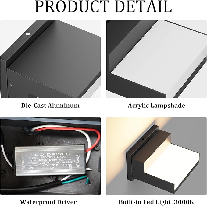 Outdoor Wall Lights 3000K Porch &amp Patio Light Aluminum Hardwired Modern Exterior Wall Sconces IP65 Waterproof for House(Black2 Pack)