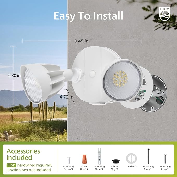Philips 44W 3500LM ‌LED Security Flood Light‌ ‌Outdoor‌Switch Controlled Aluminum ‌Security Light‌ 2 Adjustable Heads5000K DaylightWet Location for Patio Garden Yard Lights
