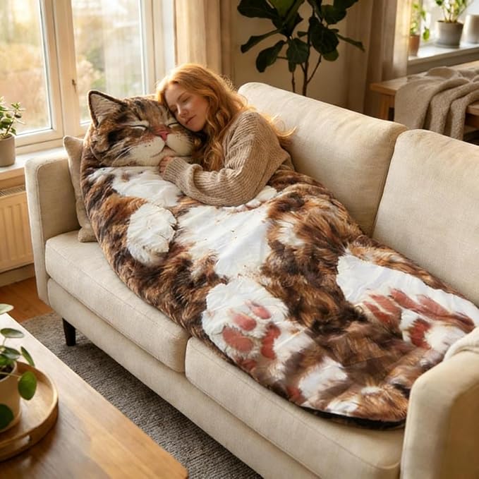Cat Shaped Plush Sleeping Bag for Adults Ultra-Soft Wearable Blanket Sack Adorable Cat Envelope Sleeping Mat for Sleepovers &amp Lounging Washable Fluffy Animal Bedding Unique for Cat Lovers