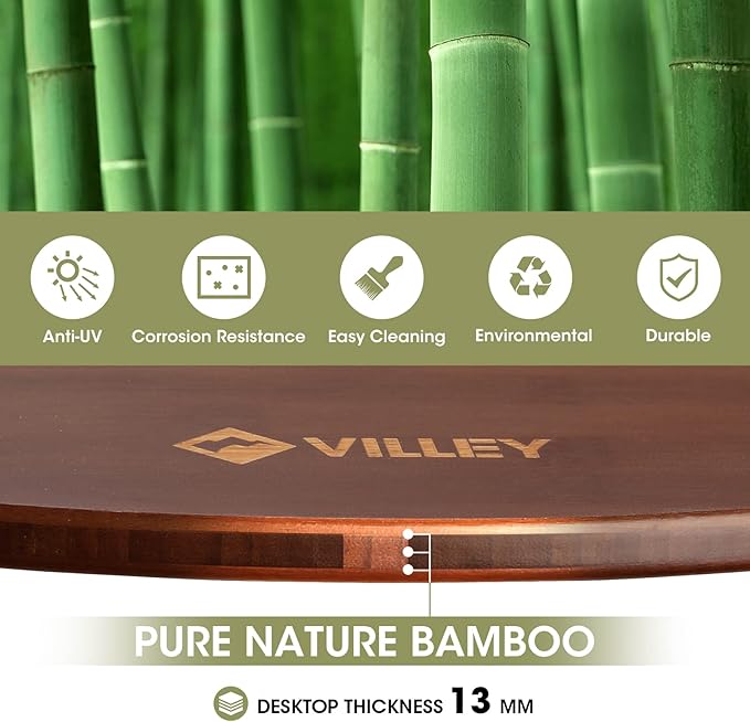 VILLEY Bamboo Round Folding Table Camping Half-fold Portable Table with Carrying Bag for Indoor &amp Outdoor Picnic Coffee Barbecue Beach Card Game