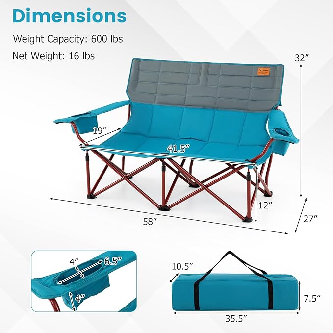 Goplus Double Camping Chair for Adults Low Outdoor Folding Loveseat Couch Chair w/Cup Holders Thick Padding Heavy-Duty 2 Person Lawn Chair for Beach Picnic Travel Supports 660 LBS(2-Person Seat)