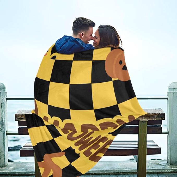 Happy Halloween Yellow Black Checkered Soft Cozy Couch Throws Large Cozy Blanket for Party Sofa Bed Living Room 50x70