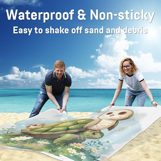 Waterproof Sandproof Beach Blanket 59''×68'' Turtle Polyester Outdoor Picnic Blanket with 4 Stakes &amp Storage Bag for BeachCampingVacation Green