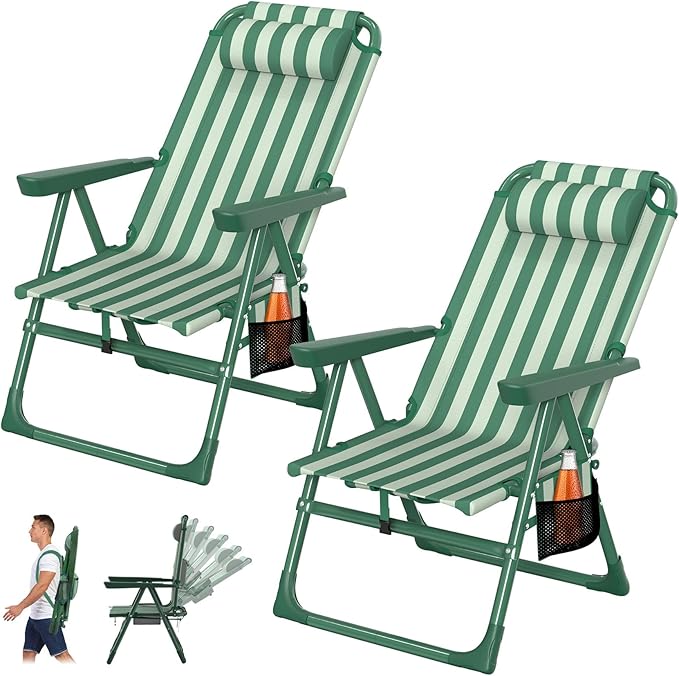 Suteck Backpack Beach Chairs for Adults 2 Pack 6-Position Folding Reclining Chair with Cooler Bag &amp Cup Holder Lightweight Portable Beach Chair for Camping Outdoor Sand Travel Use