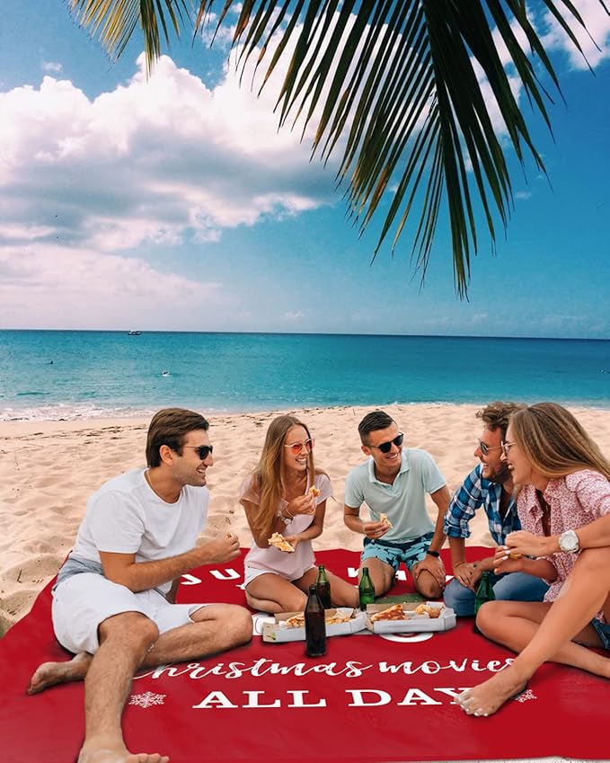 Beach Blanket Waterproof Sandproof Christmas Farm White Truck Quick Drying Beach Mat with 4 Stakes Xmas Red with Quotes Lightweight Picnic Blanket for Travel Camping Outdoor 118x108