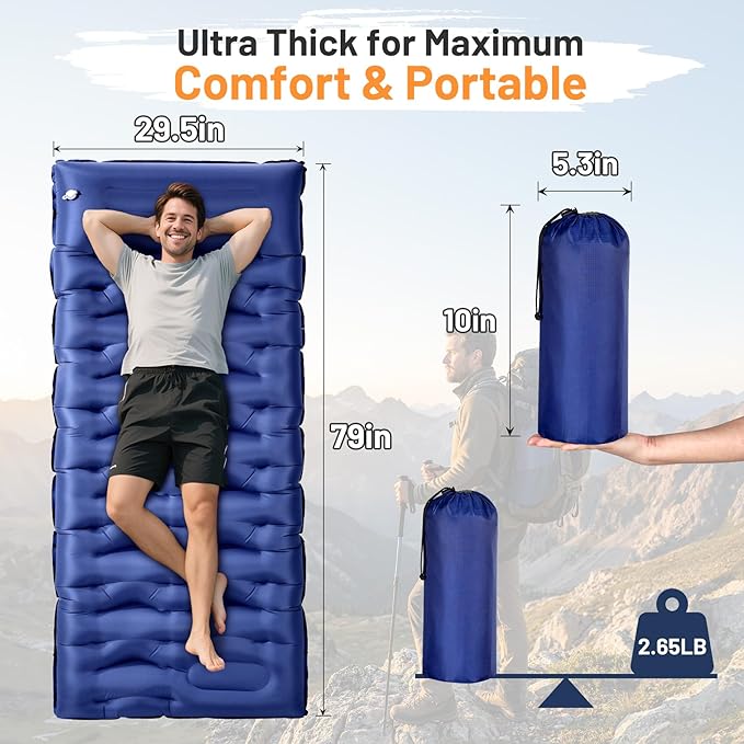 KASBAH Camping Sleeping PadExtra Wide 6 inch Thick Inflatable Sleeping Pads with Built-in Foot Pump and PillowUltralight Camping Mat Gear for Outdoor HikingCamping