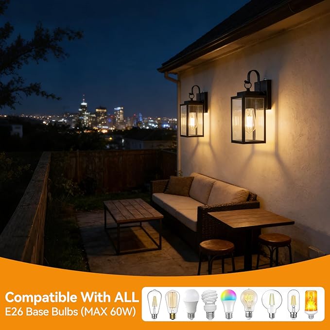 11.8-inch Dusk to Dawn Outdoor Wall Lights Black Exterior Light Fixture with Clear Tempered Glass IP65 Waterproof All-Metal Sconce for Porch Front Door Garage