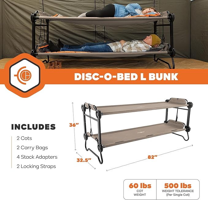 Disc-O-Bed Large Portable Bunk Camping Cots with Carry Bags - Heavy-Duty Indoor or Outdoor Sleeping System Converts to Bench or Separate Beds 500 lb Weight Capacity Per Cot