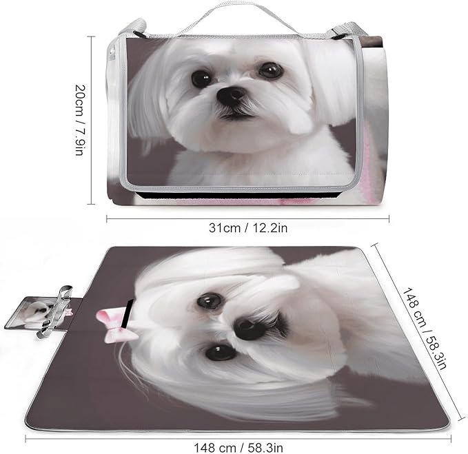 Lovely Maltese Dog Beach BlanketPortable Waterproof Picnic Blanket58.3''x 58.3'' Extra Large Picnic Mat for BeachCamping Grass Lawn Park Accessorie for Festival BBQ