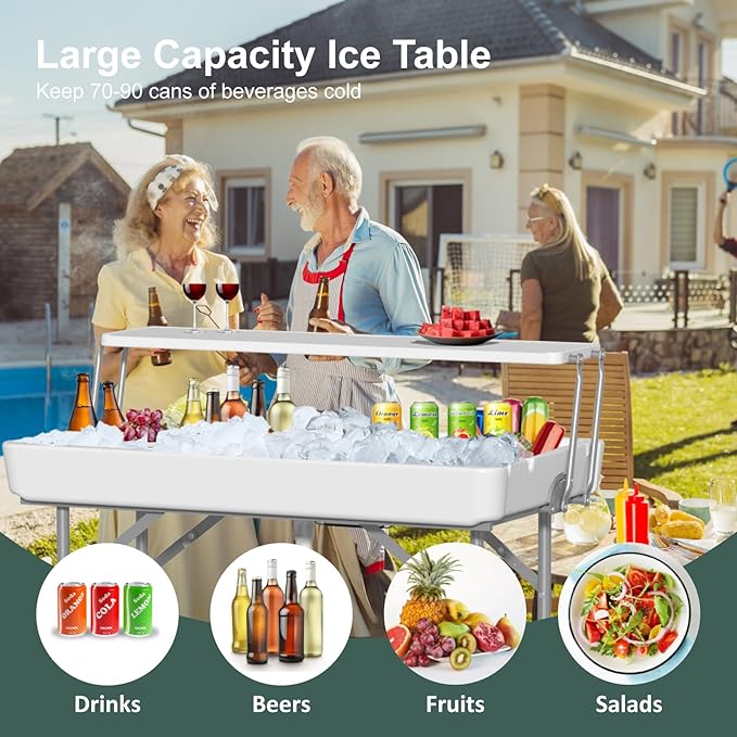Ice Cooler Table with Drain Two-Tier Plastic Folding Tables with Removable Matching Skirt and Shelf Indoor Outdoor Use for Party Camping Picnic Fishing Cleaning 440 lbs Capacity