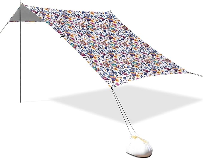 ALAZA Rainbow Owl Cartoon Beach Tent Sun Shelter UPF50+ Protection Beach Shade Canopy w/ 4 Sandbags for Outdoor Camping Fishing Backyard Fun Picnic 10x9 ft