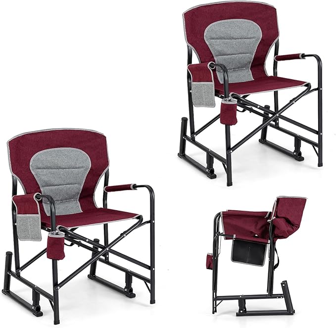 Goplus Outdoor Rocker Camping Chairs for Adults Portable Folding Chair w/Dual Springs Padded Back Cup Holder Storage Pocket Heavy-Duty Rocking Arm Chair for Beach Lawn Travel Fishing(2Wine)