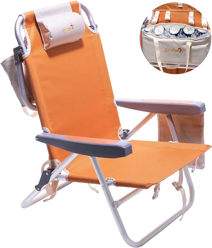 SUNNYFEEL Low Beach Chair 5 Position Lay Flat Portable Folding Backpack Beach Chairs Heavy Duty with Cooler Bag Cup Holder for Outdoor/Lawn/Trip/Picnic/Fishing Foldable Camping Chair