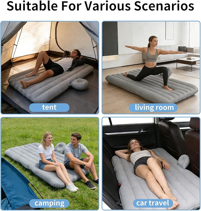 Car Air Mattress Inflatable SUV Truck Camping Mattress for Back Seat Thickened Travel Car Bed Sleeping Pad with Inflatable Pier Air Pump 2 Pillows (Grey)