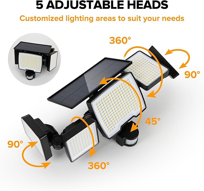 UME Solar Outdoor Lights 620 LED 4500LM IP65 Waterproof Motion Sensor Outdoor Lights 5 Heads Solar Security Flood Light 270 Wide Lighting Angle with 3 Modes for Garden Patio Yard - 2 Pack
