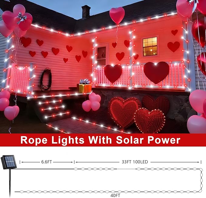 QITONG Red and White Solar Rope Lights 2 Pack Each 33ft 100 LED Christmas String Light 8 Modes Fairy Lights in Clear Thin Tube