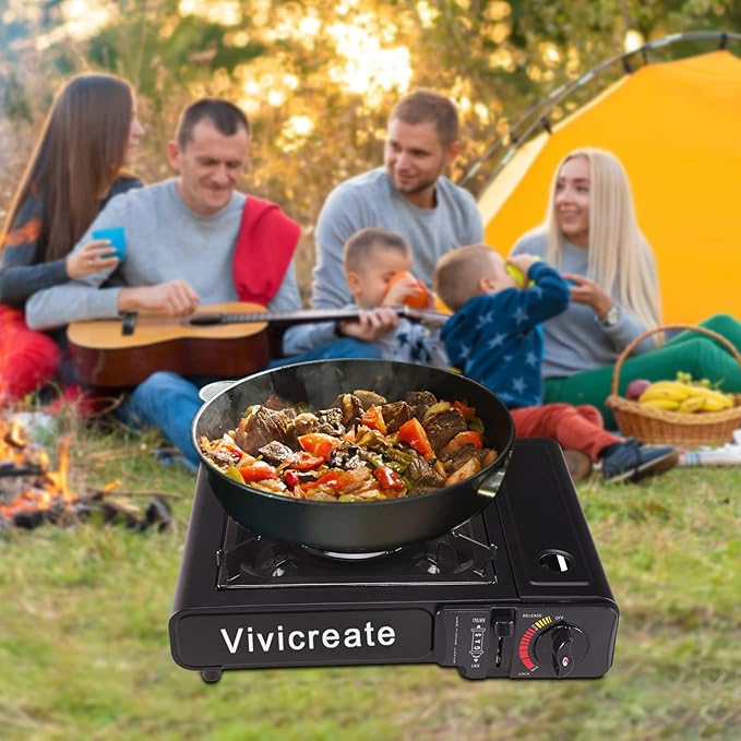 Vivicreate 8500 BTU Portable Butane Gas Stove for Camping Cooking Outdoor Lightweight Portable Stove Burner with Auto Ignition Estufa de Gas Portátil para Camping al Aire Libre(Black)