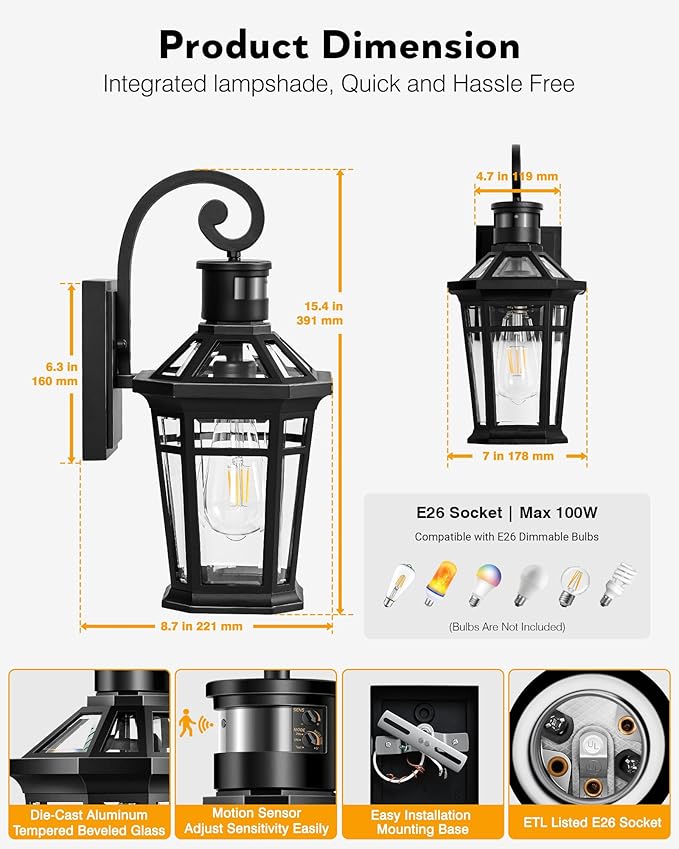 Motion Sensor Outdoor Wall Lights Black Dusk to Dawn Porch Light Wall Mount Exterior Lighting Fixtures Outdoor Wall Sconce Lantern with Adjustable Sensor Range Coach Lights for Garage Patio
