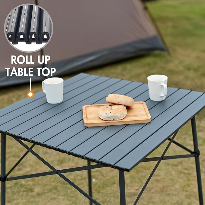 Portal Lightweight Aluminum Folding Square Table Roll Up Top 4 People Compact Table with Carry Bag for Camping Picnic Backyards BBQ Dark Gray