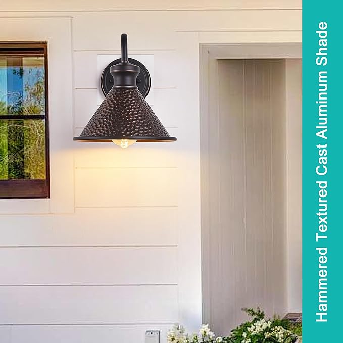 2 Pack Dusk to Dawn Outdoor Wall Light Fixtures Photocell Sensor Exterior Sconce Light with Cast Hammered Aluminum Shade Outside Wall Mount Lamp for House Patio Garage Entryway Doorway