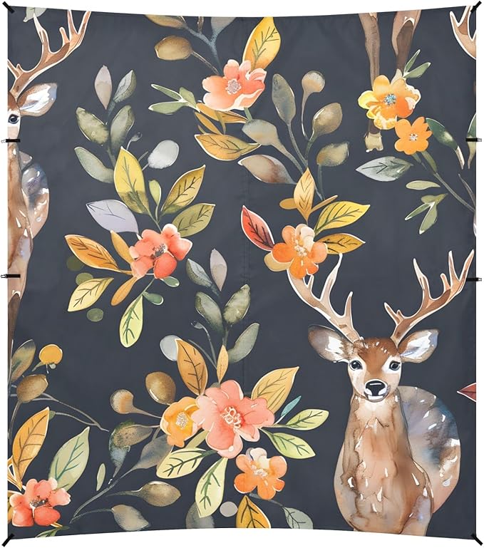Watercolor Pattern with Deer and Flowers Camping Sun Shelter Beach Tent Portable Beach Sun Shade Outdoor Canopy for Camping Trips Fishing Picnic