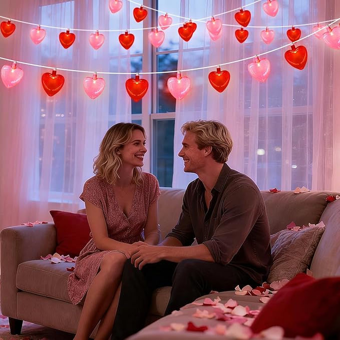 12Ft Red Pink Heart String Lights Valentine's Day Decorations Lights Outdoor Waterproof with 20 LED Clear Heart Light with Glitter for Home Door Fireplace Windows Fence Valentines Day Party Decor