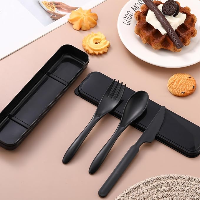 Jinei 50 Sets Reusable Travel Utensils Set with Case Wheat Straw Cutlery Portable Spoon Knife Forks Lunch Box Accessories Friendly Tableware for Kids Adults Camping Utensils (Black)