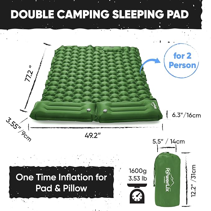 POWERLIX Double Camping Sleeping Pad Camping Pad for 2 Person with Pillow Built-in Foot Pump Inflatable Sleeping Pad for Camping Backpacking Hiking Portable Camping Mattress Green