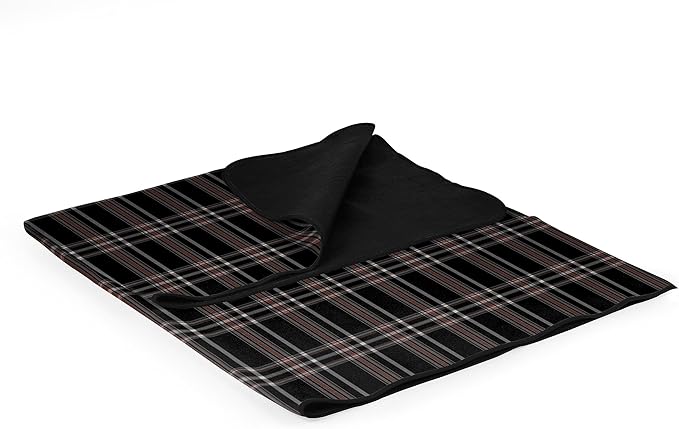 PICNIC TIME Outdoor Picnic Blanket Tote 59x51 Foldable Beach &amp Camping Blanket with Soft Fleece Water-Resistant Bottom Adjustable Strap &amp Zippered Pocket (Black Tartan Black Flap)
