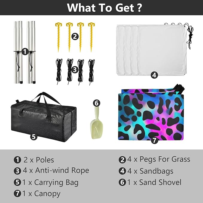 Holographic Leopard Print Beach Tent Sun Shelter 9.2' x 10.5' Beach Canopy with 4 Sandbags 4 Stability Poles Sand Shovels - Tent Canopy for Beach Camping Fishing Picnics