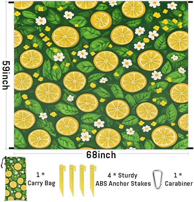 Waterproof Sandproof Beach Blanket 59''×68'' Lemon Joy Polyester Outdoor Picnic Blanket with 4 Stakes &amp Storage Bag for BeachCampingVacation Green
