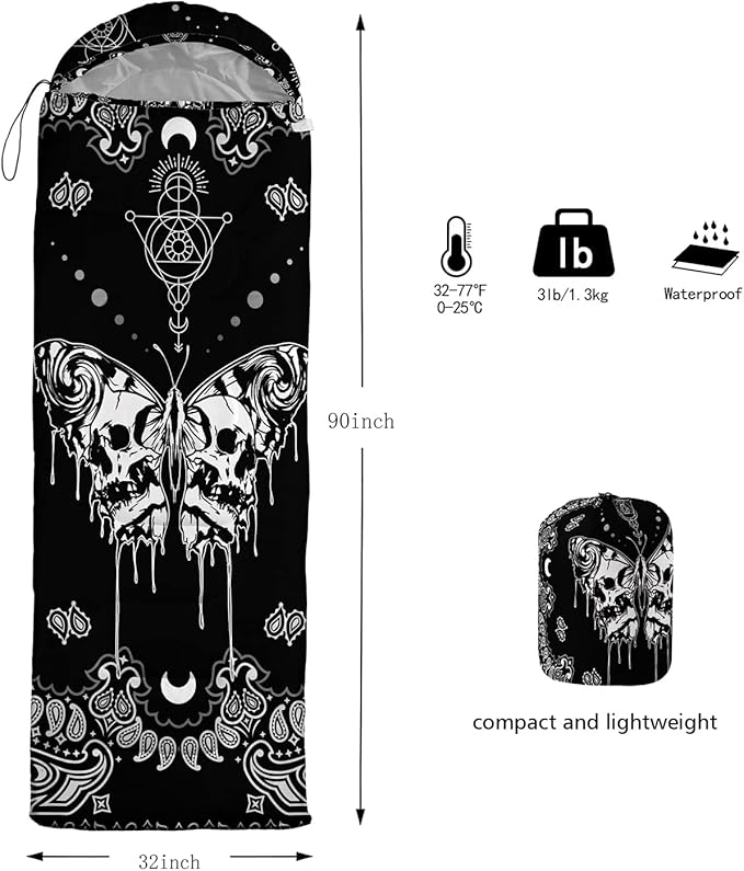 HOSIMA Butterfly Sleeping Bags for Adults and Kids for CampingBlack Gothic Ultralight Sleeping Bag for Cold Weather Summer.