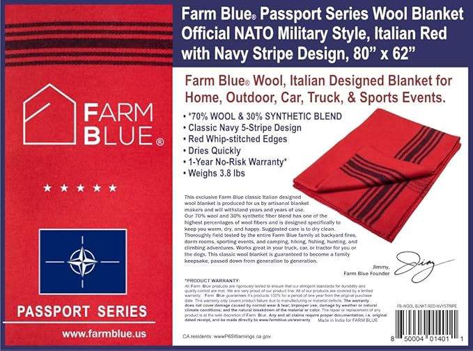 Farm Blue Wool Blanket Military Style - Thick &amp Lightweight Army Camping Blankets 80 x 62 - Large Camp Survival Blankets for Car Hiking Backpacking &amp Outdoor Festivals (Red with Navy Strip