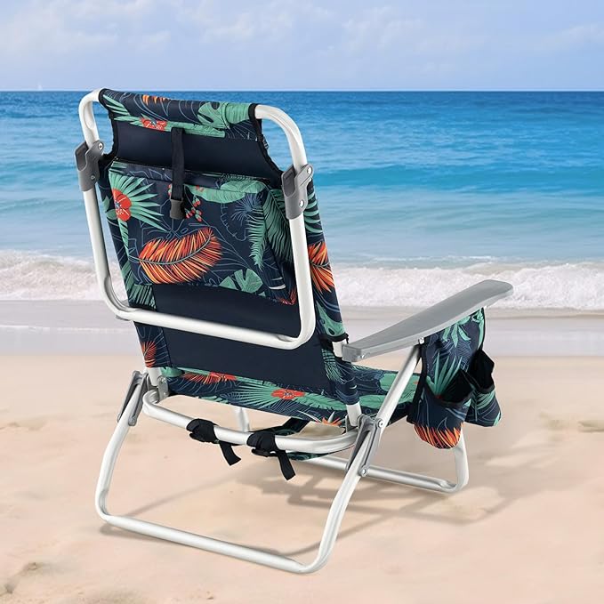 Tangkula Set of 4 Backpack Beach Chair 5-Position Lay Flat Beach Chairs with Cooler Bag 2 Cup Holders Towel Bar Lightweight Low Folding Beach Chair with Backpack Straps