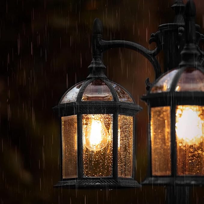 Aluminum Outdoor Lamp Post Birdcage Hardwired Street Light Post for Outside 3-Head Pole Light Modern Lamp Post Outdoor Lighting with Clear Glass Panels for Garden Patio Backyard Walkway Driveway