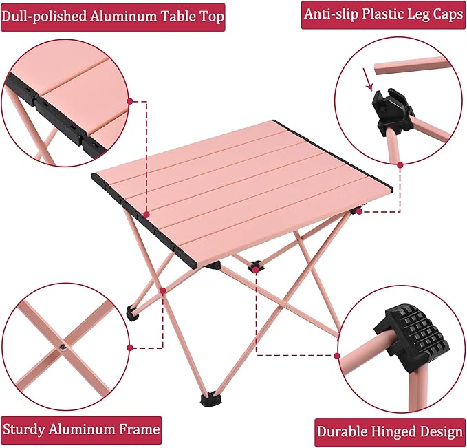 Grope Portable Camping Table with Aluminum Table Top Folding Beach Table Easy to Carry Prefect for Outdoor Picnic BBQ Cooking Festival Beach Home (Pink-L)