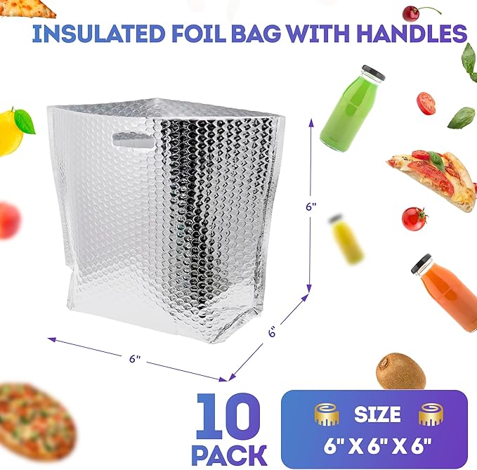 APQ Insulated Foil Bag With Handles 6 x 6 x 6 Inches. 10 Pack Thermal Bags for Frozen Food. Metallized Foil Box Liners With Bubble Cushion. Shipping Bags for Food Cosmetics