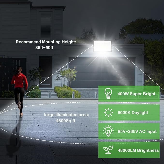 2 Pack 400W LED Flood Lights Outdoor IP66 Waterproof 6000K Daylight White Field Lights Outside Lamp Exterior Lighting Stadium Backyard Workshop