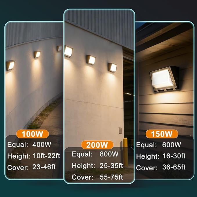 Lightdot 4Pack 200W LED Wall Pack Lights 3CCT Selectable (3000K/4000K/5000K) 100-277v Dusk to Dawn with Photocell 30000Lm 5000K IP65 Outdoor Exterior Lighting for Warehouse Garage(Height:15~30ft)
