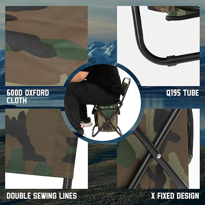FUNDANGO Portable Fishing Chair Lightweight Backrest Stool Compact Folding Chair with Cooler Bag for Outdoors Hiking Hunting Travel Supports 265 Lbs