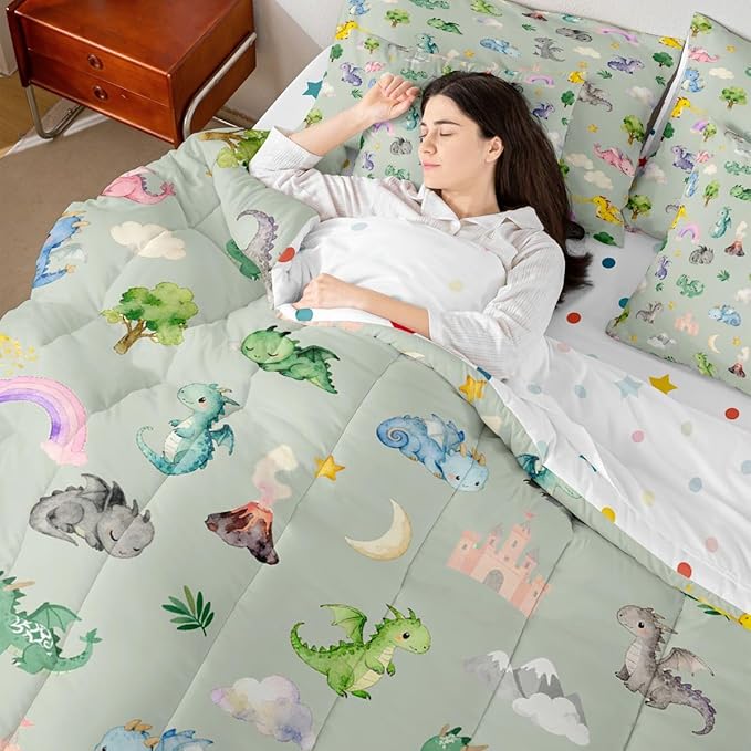 Baby Dragon 7 Piece Bedding Set Queen Size Animal Comforter Set with SheetsPillowcases &amp Cushion Cover for Boys Girls Bedroom Decor Cartoon Wildlife Bed in a Bag Microfiber Women Men Green Gray
