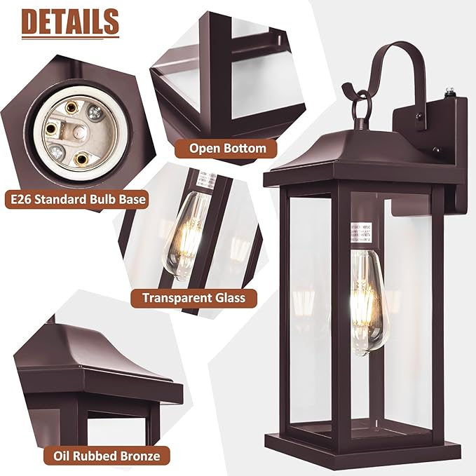 Dusk to Dawn Outdoor Lighting for House 17 Inch Large 1-Pack Oil Rubbed Bronze Exterior Light Fixture for Front Porch Light with Clear Tempered Glass Waterproof Outside Wall Mounted Lamp