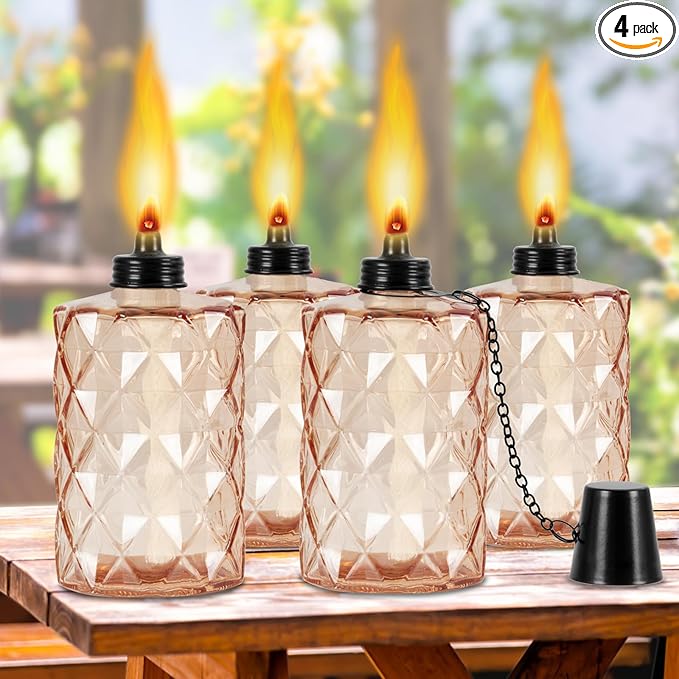 Glass Table Top Torch Outdoor Torch Canisters 12 ozRefill Canister with Wicks and Covers Patio Metal Torch for Luau Party DIY Garden Decor (4 Packs) (Orange)
