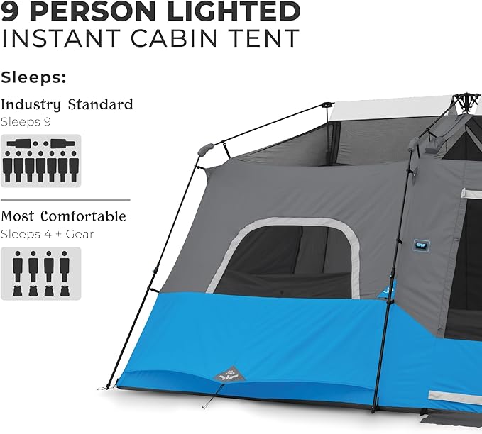 CORE Instant Cabin Tents with LED Lights | 6 Person / 9 Person / 12 Person Family Multi Room Lighted Pop Up Tents for Camping | Included Storage Pockets for Camping Accessories